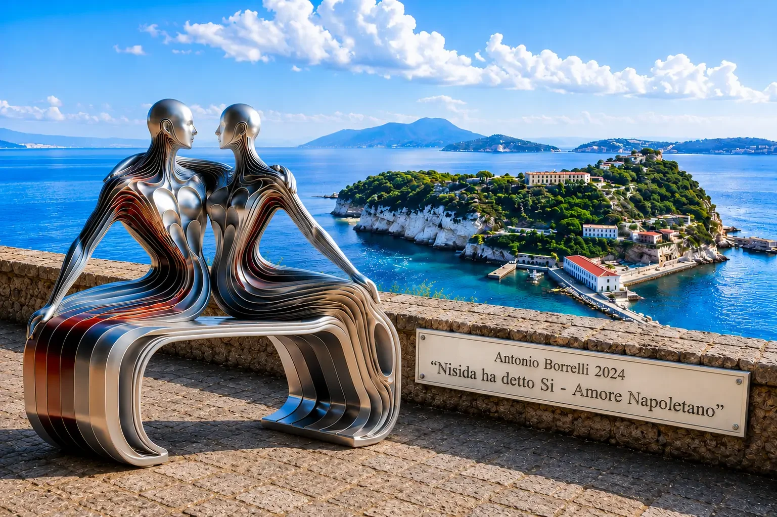 Nisida ha detto Sì - Amore Napoletano, con la panchina-scultura, l’isola e la targa sul muretto